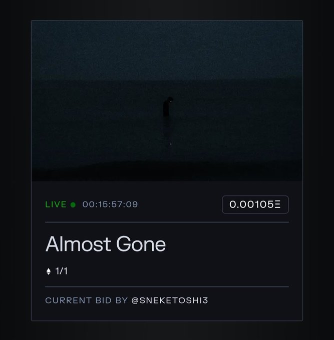 An NFT auction card titled 'Almost Gone' showing a dark, moody photograph of a figure standing in misty water, with a live countdown timer at 00:15:57:09, a bid of 0.00105 Ξ (Ethereum), and the current bidder listed as @SNEKETOSHI3.