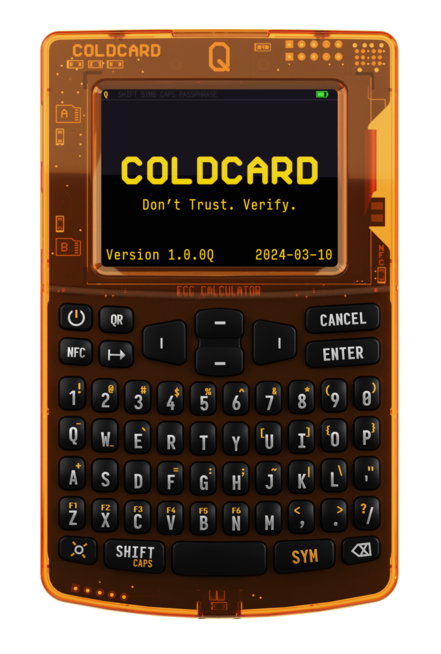 The image shows a transparent orange Coldcard hardware wallet displaying the startup screen with the slogan "Don't Trust. Verify." and version information "1.0.0Q" dated 2024-03-10, directly referencing the Coldcard brand implicated in the reported $100 million+ Bitcoin security vulnerability affecting over 4,500 wallets.