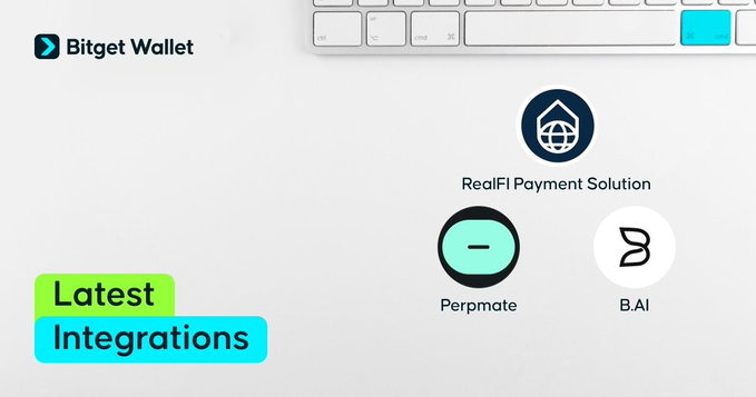 The image features a white keyboard placed next to a poster or banner that displays information about Bitget Wallet's latest integration for realfi payment solutions. The text on the poster reads "Great to See B.AI expanding Through Bitget Wallet Integrations Another step forward for accessibility and ecosystem growth". This suggests that the integration is designed to make it easier for users to access and interact with B.AI, potentially improving the overall user experience and promoting the growth of the B.AI ecosystem.