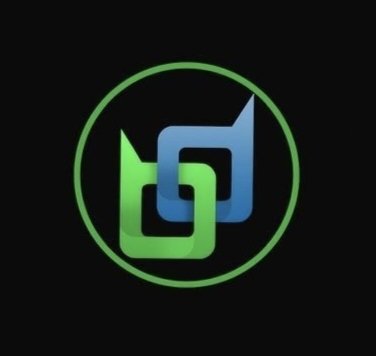 A logo featuring interlocking green and blue link-like shapes inside a green circular outline on a black background.