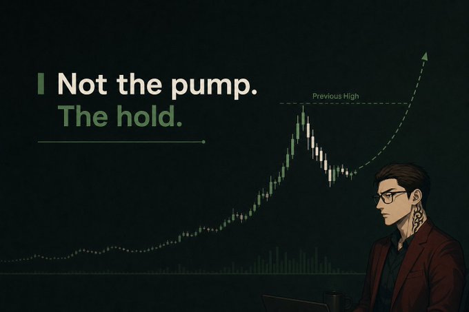 An illustrated graphic features a man in a suit observing a volatile stock chart with a green arrow pointing upward, accompanied by the text "Not the pump. The hold." This image illustrates the post's theme regarding the importance of investor sentiment and long-term holding versus chasing short-term price spikes.