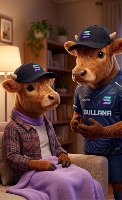 Two anthropomorphic cows wearing caps; one sits in an armchair under a purple blanket while the other wears a sports jersey reading 'BULLANA'.