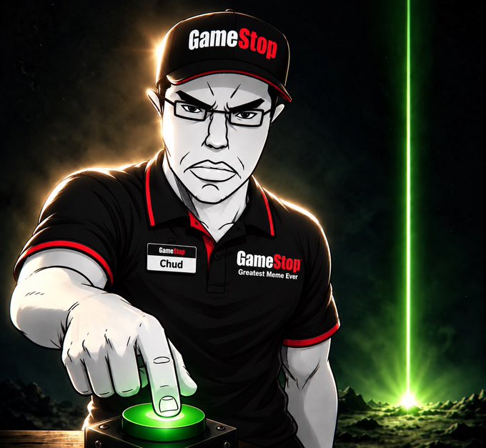 An anime-style illustration of a serious-looking GameStop employee wearing a black and red 'GameStop Greatest Meme Ever' polo shirt with a 'Chud' name tag and matching cap, pressing a glowing green button with a green laser beam shooting into the sky behind him.