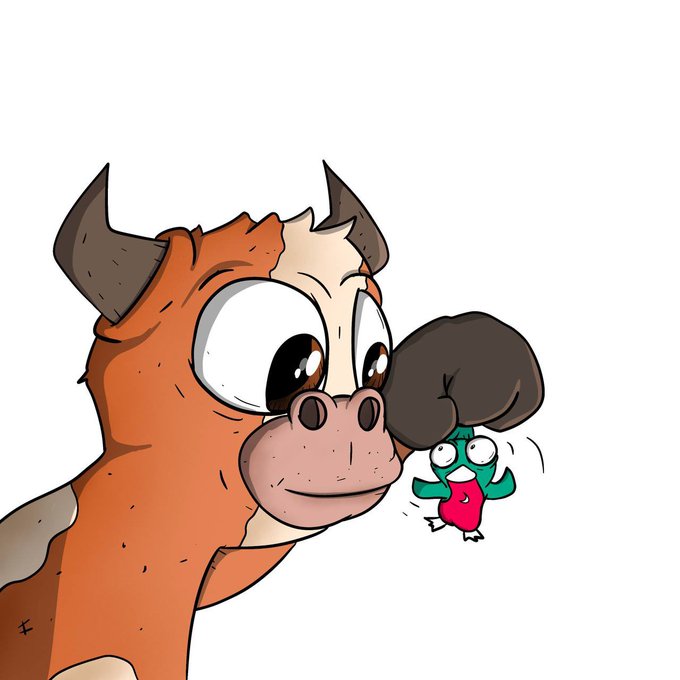 Cartoon illustration of a brown cow with horns and large eyes looking at a small green frog wearing red overalls.