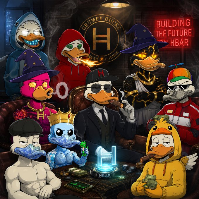 A colorful digital artwork features multiple cartoon duck characters in various outfits including wizard hats and crowns, with text reading 'GRUMPY DUCKS', 'HBAR', 'HBAR LEGENDS', and 'BUILDING THE FUTURE ON HBAR'.