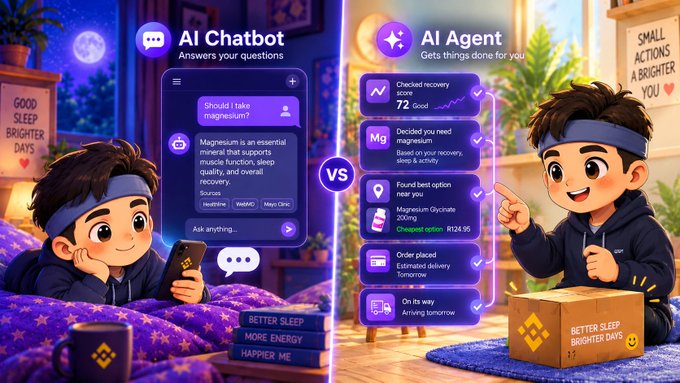 An illustrated comparison graphic between 'AI Chatbot' (which answers questions) and 'AI Agent' (which gets things done), showing a cartoon boy checking his phone on the left and pointing at a delivery box with task notifications on the right, with text including 'Checked recovery score 72' and 'BETTER SLEEP BRIGHTER DAYS'.