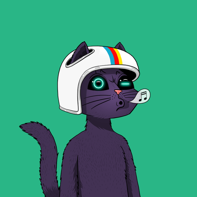 A digital illustration of a black cat wearing a white helmet with a rainbow stripe, featuring glowing cyan eyes and blowing a music note.