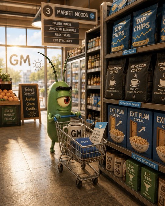 The image features a cartoon character resembling a green alien with big eyes standing next to a shopping cart filled with snacks and drinks at a grocery store. The character appears to be pushing the shopping cart, which has various items such as chips, coffee, and other snacks in it. The post includes text that reads "GM @toncommunity I just went in for a coffee, but the $plan follows me everywhere What would be your choice?". This suggests that the image is related to a humorous or satirical commentary on the character's shopping habits and how their choices are influenced by the $plan.