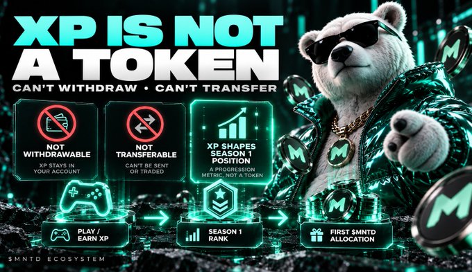 A promotional graphic for '$MNTD ECOSYSTEM' declares 'XP IS NOT A TOKEN — CAN'T WITHDRAW • CAN'T TRANSFER,' featuring a bear mascot in sunglasses and a green jacket alongside icons for play/earn XP, Season 1 rank, and first allocation.