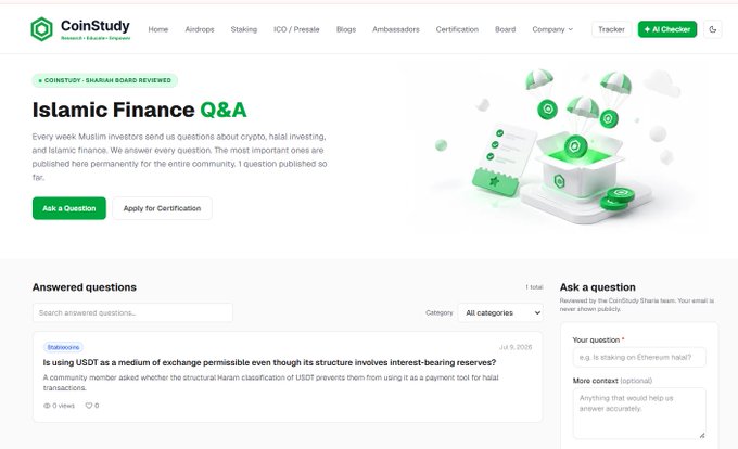CoinStudy launches an Islamic Finance Q&A page reviewed by its Sharia Board, featuring questions like "Is using USDT as a medium of exchange permissible". This new forum allows users to submit questions directly to Dr. Usman Quddus, the CoinStudy Sharia Board Chairman.