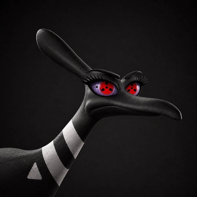 A 3D rendering of a black and white striped creature with large purple eyes featuring red patterns, long eyelashes, and an elongated snout against a black background.