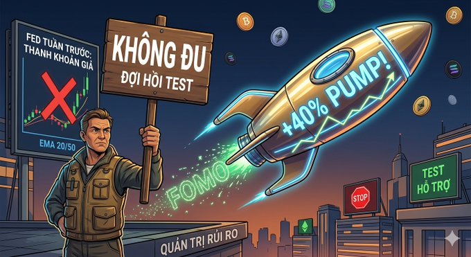 A cartoon-style illustration of a man holding a sign reading 'KHÔNG ĐỢI HỎI TEST', with a rocket labeled '+40% PUMP!' and 'FOMO' taking off, alongside signs reading 'FED TUẦN TRƯỚC: THANH KHOẢN GIẢ' and 'TEST HỖ TRỢ'.