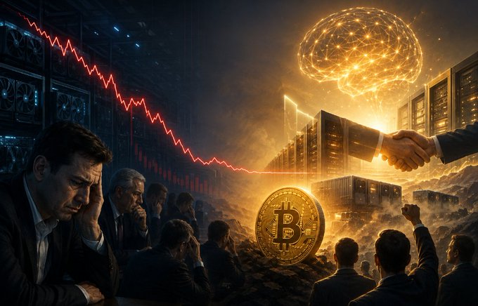 A composite illustration depicting distressed businessmen watching a downward red cryptocurrency chart, contrasted with a glowing golden Bitcoin, brain, and a handshake.