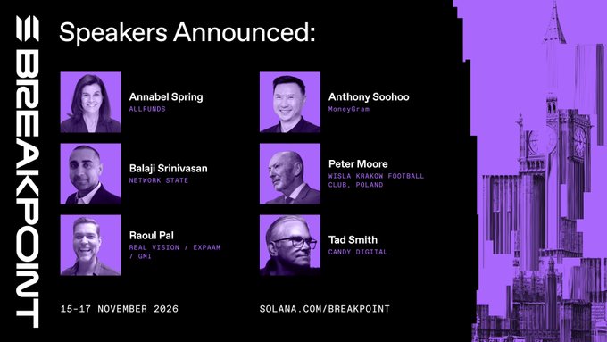A promotional poster for 'BREAKPOINT' conference (15-17 November 2026) at SOLANA.COM/BREAKPOINT, announcing speakers including Annabel Spring, Anthony Soohoo, Balaji Srinivasan, Peter Moore, Raoul Pal, and Tad Smith.