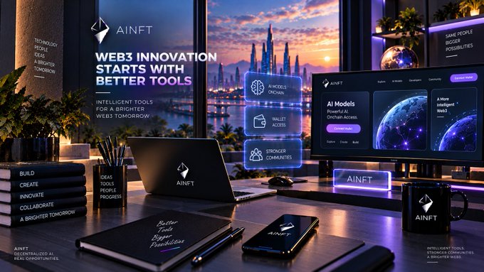 A futuristic workspace promotional image for 'AINFT' with text 'WEB3 INNOVATION STARTS WITH BETTER TOOLS', featuring a laptop, monitors displaying AI models and a Web3 dashboard, notebooks, and a mug on a desk overlooking a Dubai skyline.