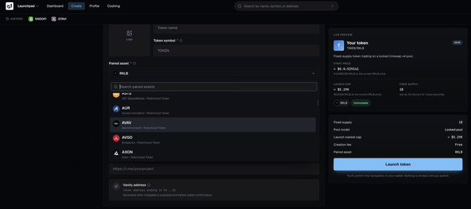The image shows a token creation interface on launch.o1.exchange for "Your token" paired with RLKB (Robinhood - Robinhood Token), displaying a live preview with 1 supply, 0-5.337641 price range, and 26.2M launch market cap. It illustrates the post's claim that all 196 RobinhoodCrypto Stock Tokens are supported, showing how users can create and launch tokens paired with popular tickers like $RKLB.
