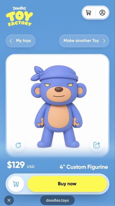 A "Doodles Toy Factory" app interface displays a 4-inch custom figurine of a blue bear-like character priced at $129 USD with a yellow "Buy now" button.