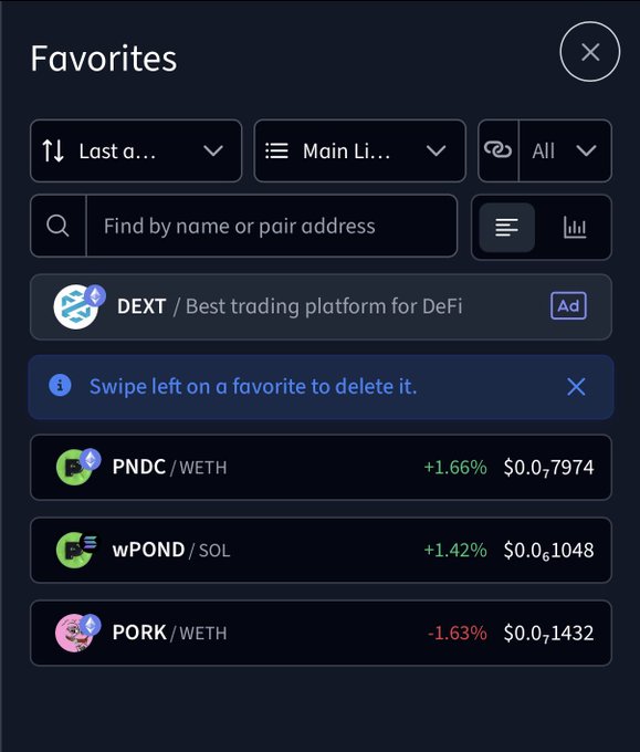 A Favorites screen displaying trading pairs PNDC/WETH (+1.66%, $0.07974), wPOND/SOL (+1.42%, $0.01048), and PORK/WETH (-1.63%, $0.01432) with a DEXT ad.