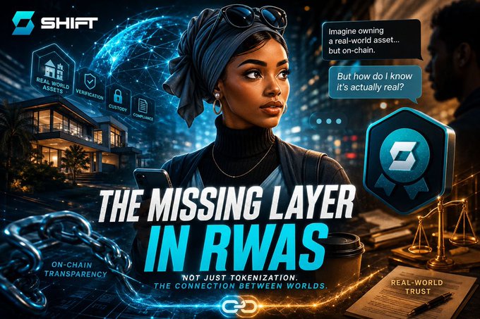 The image features an advertisement for a game called "The Missing Layer In Rwas". The poster includes a woman wearing sunglasses, holding a cup of coffee, and standing next to a house with a chain-link fence. The text on the poster explains that the game is about buying land in real life, not just tokenization. It also mentions that there are two people pictured in the image who have been talking about it.