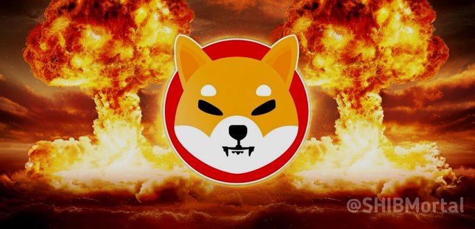 A Shiba Inu logo is displayed against a backdrop of fiery mushroom cloud explosions, with the watermark "@SHIBMortal" in the corner. The dramatic imagery of the explosions visually amplifies the post's bullish message about Shiba Inu's potential to reach all-time highs, suggesting the explosive growth the poster anticipates.