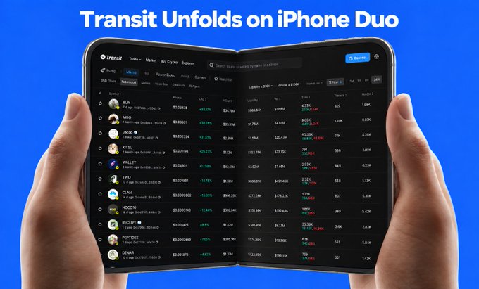 A promotional image shows 'Transit Unfolds on iPhone Duo,' depicting hands holding a foldable iPhone displaying a crypto trading interface with various tokens including SUN, MNGO, ANC, KIBAB, WALLET, FTHD, CLAM, HOODOO, ZLSPIN, PEPTIDES, and GENAI.