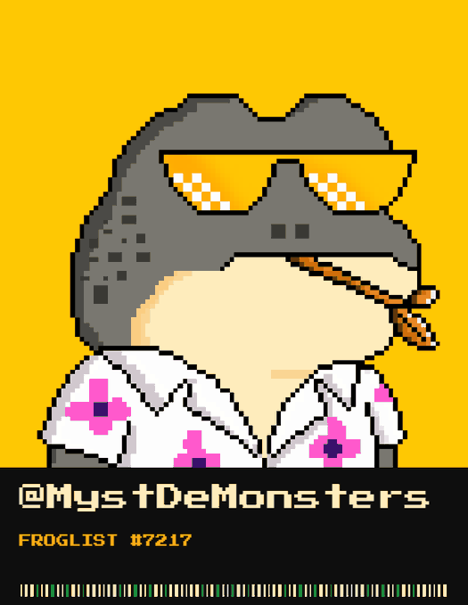 A pixel art NFT-style image of a frog wearing a white shirt featuring pink flowers, yellow sunglasses, and an orange bandana, with the handle '@MystDeMonsters' and 'FROGLIST #7217' at the bottom.