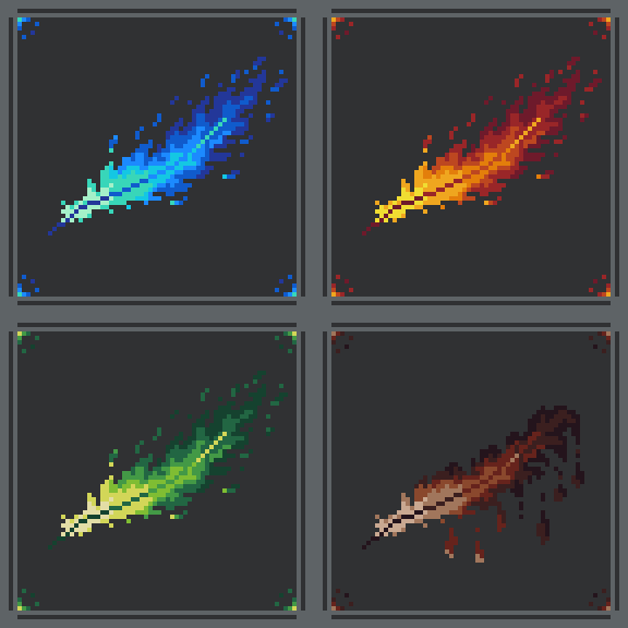 Four pixel art panels display diagonal sword-like shapes rendered in different color palettes: blue, orange/fire, green, and brown.