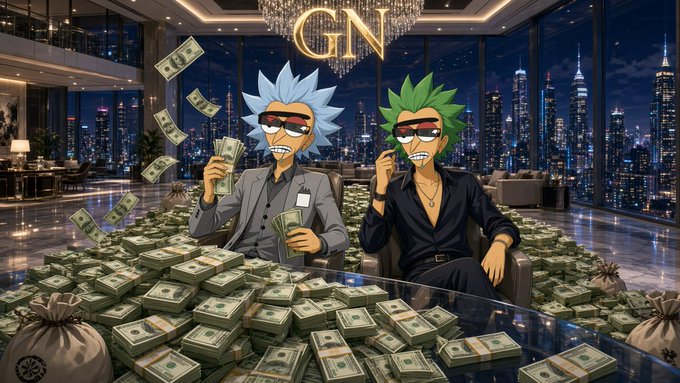 An anime-style illustration of two characters with blue and green spiky hair wearing sunglasses, sitting amid piles of cash in a luxurious penthouse overlooking a city skyline at night.