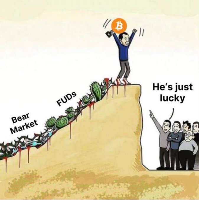 The image is a meme showing a man triumphantly holding a Bitcoin (₿) symbol atop a cliff he has climbed, while a path behind him is littered with obstacles labeled "Bear Market," "FUDs," and bloody cacti; a skeptical crowd below dismisses him, saying "He's just lucky." It visually reinforces the post's message that Bitcoin's recent breakout above its past downturns marks the loud, early stage of a new bull run—not its peak—while onlookers still dismiss it as mere luck.