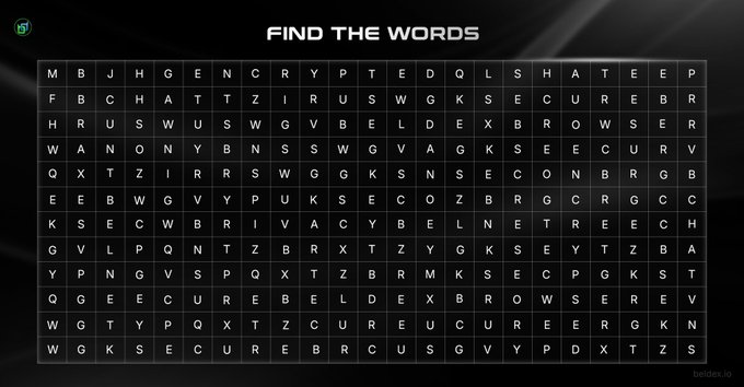 A word search puzzle titled "FIND THE WORDS" on a dark background, featuring terms like BROWSER, SECURITY, BANK, and PRIVACY hidden in a grid of letters.