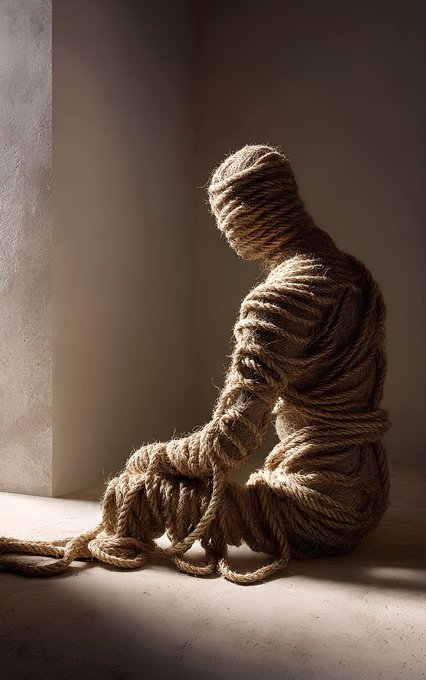 A haunting figure entirely wrapped in thick rope sits hunched in a dimly lit corner, trailing loose coils across the floor.