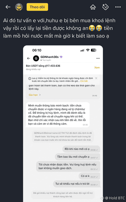 A Vietnamese social media post discussing a scam where someone was tricked into a 17,433,636 USDT transaction, showing a Telegram chat with 'GDNhanh30s' where the user expresses distress over the loss.