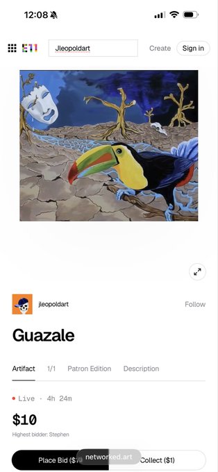 A screenshot of an NFT art marketplace called Zora, displaying a digital artwork titled "Guazale" by user jleopoldart, which depicts a colorful toucan in a barren landscape with a skull; the artifact is a 1/1 Patron Edition priced at $10 with a live status.