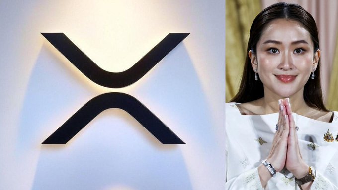 The image shows the XRP logo on the left alongside a woman with her hands pressed together in a Thai greeting on the right, visually connecting the cryptocurrency to Thailand's tax incentive announcement highlighted in the post.