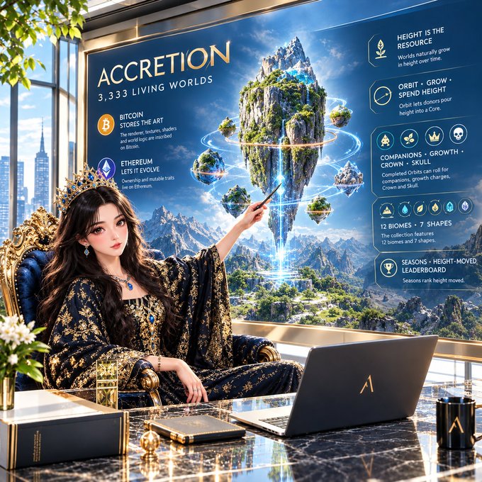 A stylized illustration shows a woman in ornate black and gold attire sitting in a lavish room, pointing at a presentation screen for 'ACCRETION' featuring '3,333 LIVING WORLDS' and detailing features like 'BITCOIN STORES THE ART', 'ETHEREUM LETS IT EVOLVE', 'HEIGHT IS THE RESOURCE', 'ORBIT - GROW - SPEND HEIGHT', 'COMPANIONS - GROWTH - CROWN - SKULL', '12 BIOMES - 7 SHAPES', and 'SEASONS - HEIGHT-MOVED LEADERBOARD'.