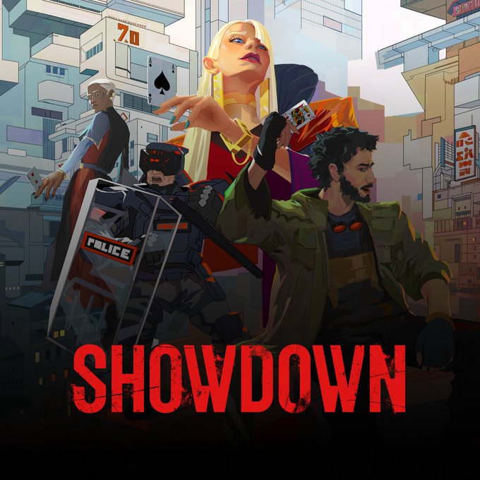 Cover art for 'SHOWDOWN' featuring a blonde woman with a playing card, a riot police officer with a shield, and a bearded man in a green jacket in a futuristic city.