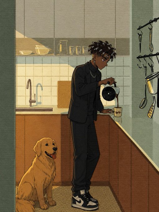 An illustrated scene shows a young person with dreadlocks in a dark suit pouring coffee in a kitchen, while a golden retriever sits nearby watching.
