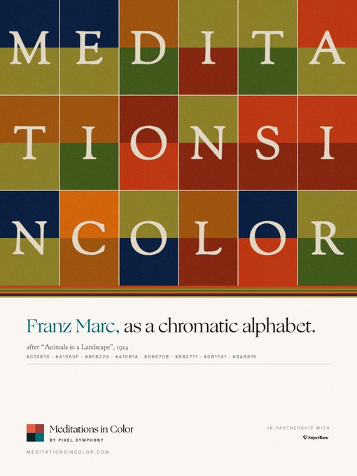 The image features a poster for "Meditations in Color" by Franz Marc. The poster has a colorful background with squares of different colors, creating an interesting visual effect. The title of the book is prominently displayed at the top of the poster, along with the author's name and the date it was published. The poster also includes a list of sources for each system used in the drawings, providing additional information about the artwork.