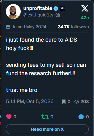 A screenshot of a tweet from user @exitliquid11y claiming 'i just found the cure to AIDS' and asking for self-fees to fund further research.