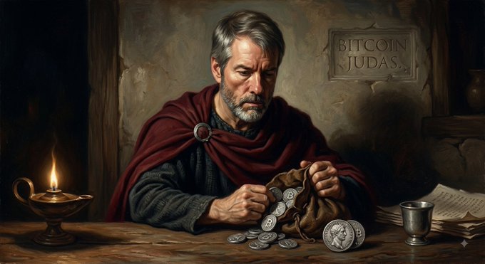 A solemn, bearded man in a crimson cloak counts silver coins from a leather pouch at a dimly lit wooden table, beneath a stone inscription reading "BITCOIN JUDAS," evoking the image of Judas Iscariot being paid his thirty pieces of silver—a pointed metaphor for the post's accusation that Michael Saylor, saved by Bitcoin, has betrayed Satoshi Nakamoto's original vision.