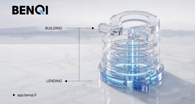 The image shows a clear, layered cylindrical structure made of transparent stacked rings with blue accents, accompanied by "BENQI" branding and labels indicating "BUILDING" (top) and "LENDING" (bottom), directing viewers to app.benqi.fi. It visually represents Benqi's role as a foundational lending protocol in the composable DeFi ecosystem, illustrating how protocols like Olympus can be built on top of Benqi's lending infrastructure on Avalanche.