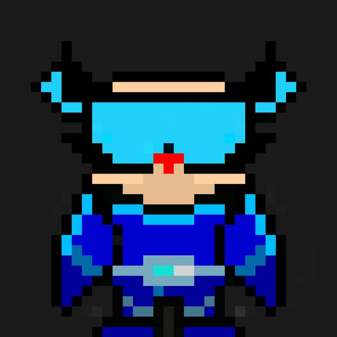 A pixel art character in a blue and cyan outfit with a visor or mask, set against a dark background.