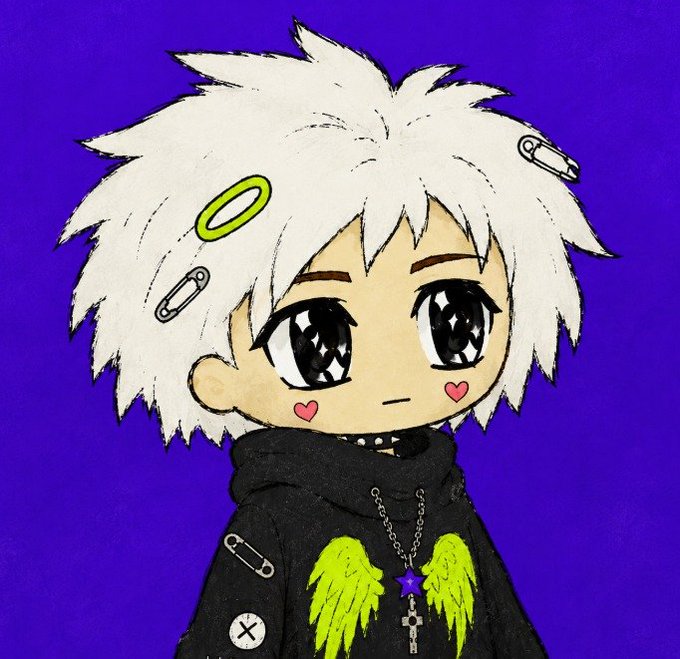 A chibi-style drawing of a character with spiky white hair, large anime eyes, pink heart cheeks, a yellow halo, safety pins, and a black hoodie with yellow wings and a cross necklace on a purple background.