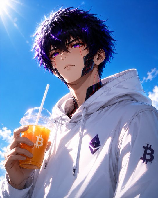 An anime-style illustration of a dark-haired character with purple eyes holding an orange drink featuring a Bitcoin logo, wearing a white hoodie adorned with Ethereum and Bitcoin symbols.