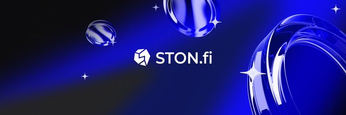 A digital graphic for "STON.fi" displayed on a blue background with bubble-like spheres and star accents.
