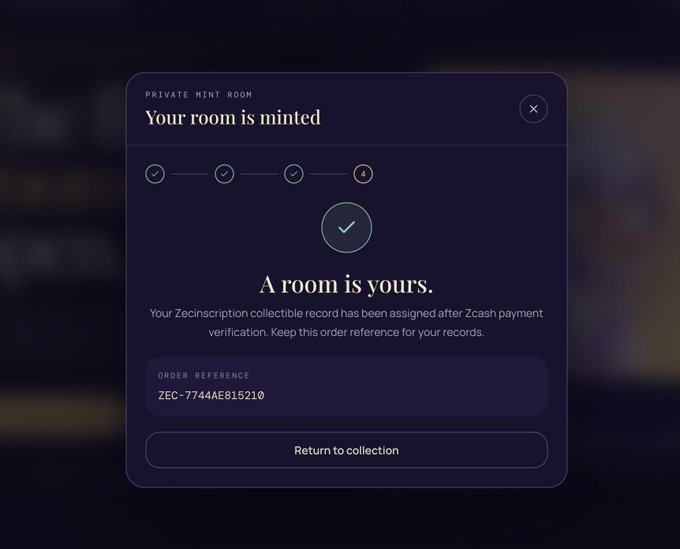 A "Private Mint Room" confirmation modal from Zecinscription displays a successful 4-step minting process with the message "Your room is minted - A room is yours," featuring order reference "ZEC-7744AE815210" and a "Return to collection" button, directly corresponding to the final step of the ZEC minting tutorial shown in the post.