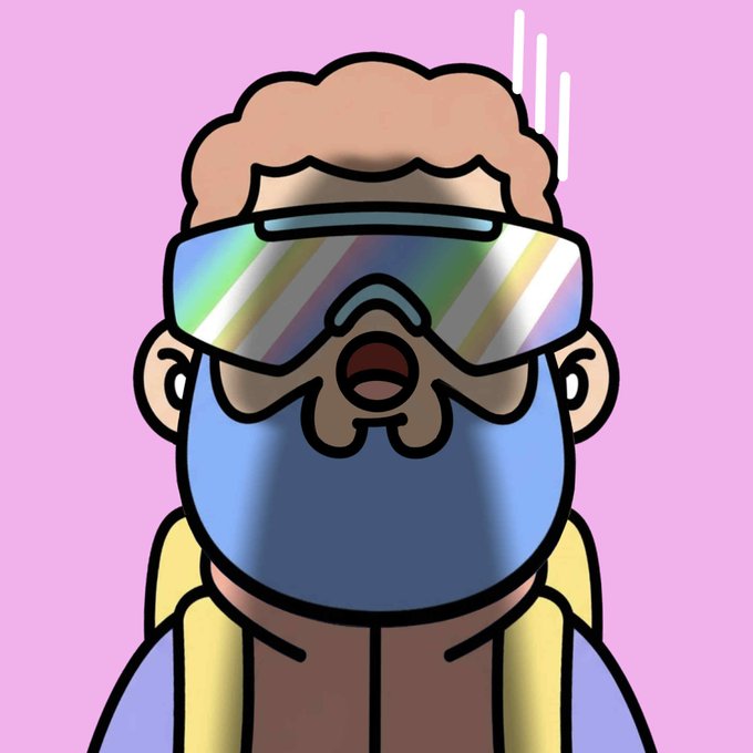A cartoon avatar of a bearded man wearing rainbow-reflective ski goggles against a pink background.