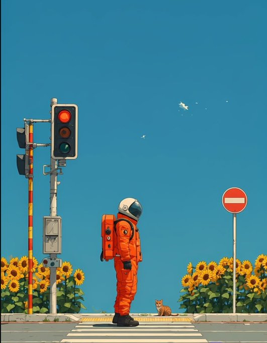 An astronaut in an orange spacesuit stands at a red traffic light at a crosswalk, surrounded by sunflower fields and a 'do not enter' sign.