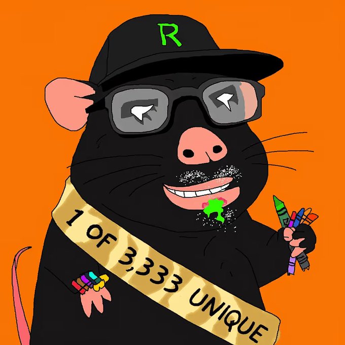A cartoon NFT illustration of a black mouse wearing sunglasses and a black cap with a green 'R', a gold sash reading '1 OF 3,333 UNIQUE', holding colored pencils, on an orange background.