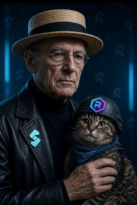 An older man in a straw hat and leather jacket tenderly holds a tabby cat wearing a black helmet emblazoned with a stylized "R" logo, accompanied by a teal "S" symbol on his lapel. The image humorously personifies "RAYCAT" by depicting a serious, businesslike "Raydium adoption" scene with the cat as a deserving mascot ready to be adopted into the ecosystem, tying into the post's playful announcement about the $RAYCAT token adoption process by @pointfarmcap.